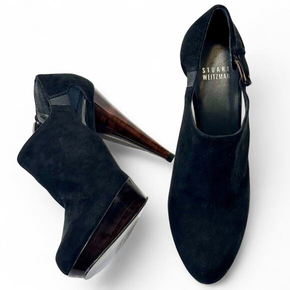 Stuart Weitzman Black Suede Platform Heels Pumps Size 6 Buckle Strap Glam NWOT - Picture 5 of 13